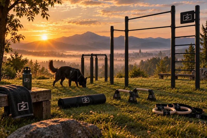 An outdoor calisthenics park at sunrise with pull-up bars, parallettes, rings and a dog sniffing the grass.