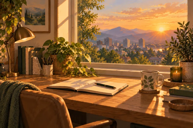 A wooden desk at sunset with an open notebook, a pen and a mug of coffee, the city and mountains outside.