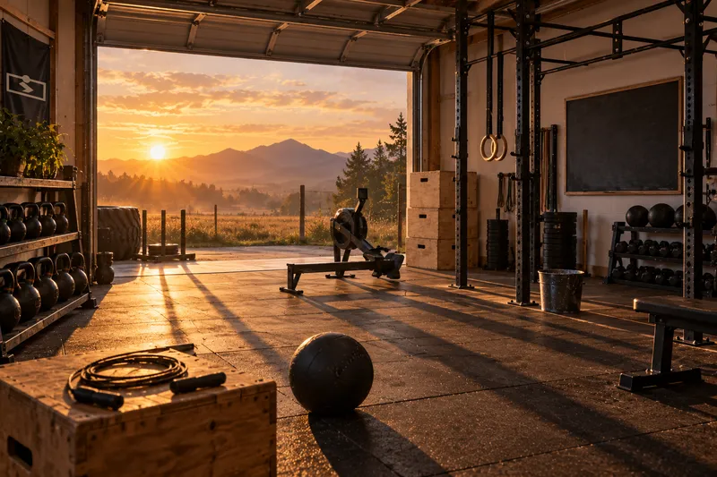 A garage gym at sunrise with the door rolled open: kettlebells, a rowing machine, plyo boxes and gymnastic rings, mountains outside.