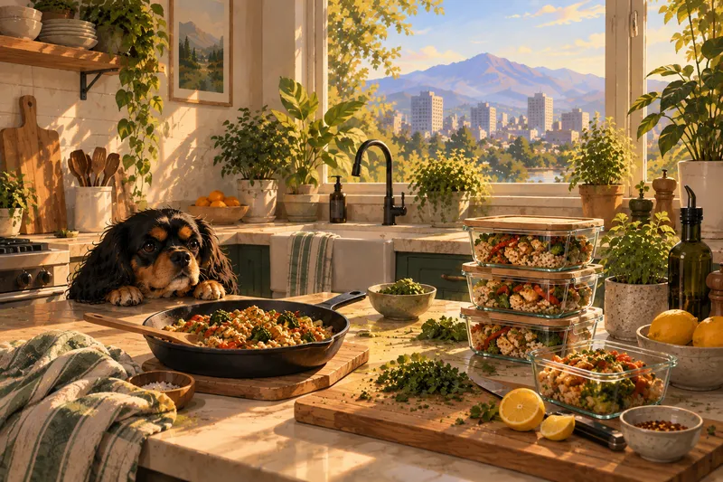 A sunny kitchen counter with a pan of vegetables and rice and a stack of meal-prep containers, a spaniel peeking over the edge.