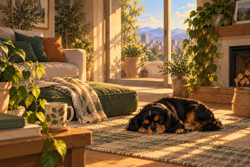 A quiet living room at golden hour with a floor cushion, a mug of tea and a spaniel asleep on the rug.