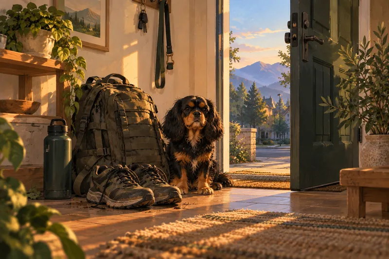 A ruck and trail shoes by an open front door at dawn, a spaniel waiting beside them.