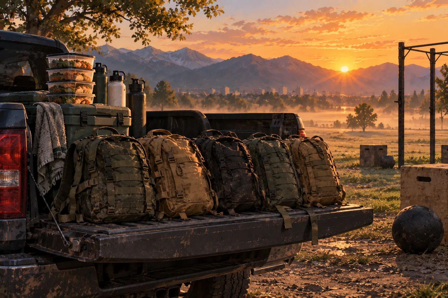 Five rucks lined up on a pickup tailgate at sunrise, with stacked meal containers and water bottles on a cooler, a misty field and mountains behind.