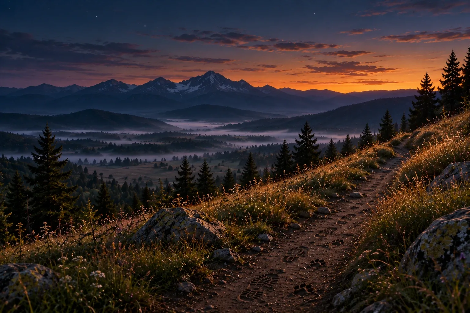 The same trail at dusk, boot prints and paw prints pressed into the path, the last orange light behind the mountains and the first stars out.