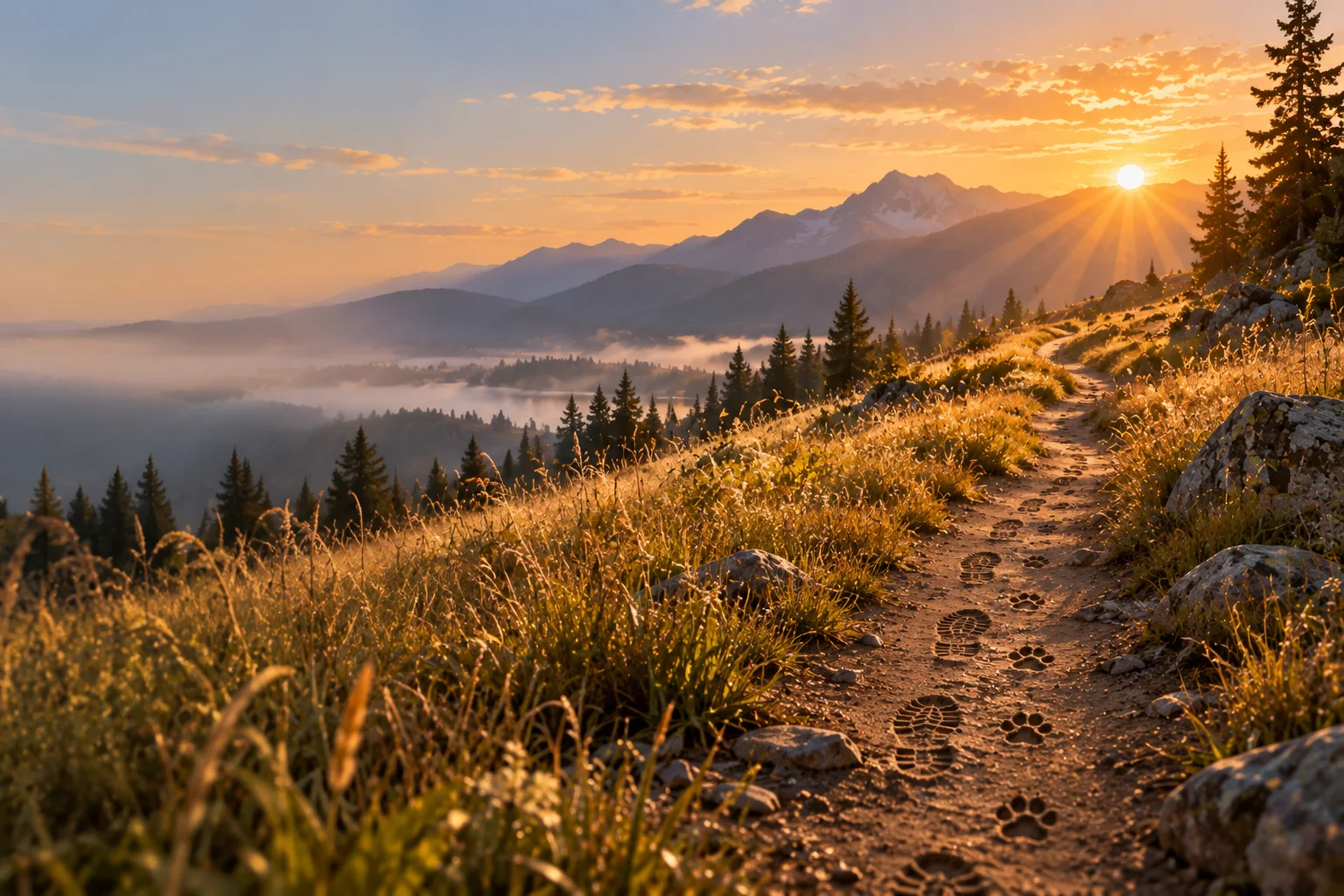A dirt trail climbs through golden grass toward misty mountains at sunrise, boot prints and paw prints pressed into the path.