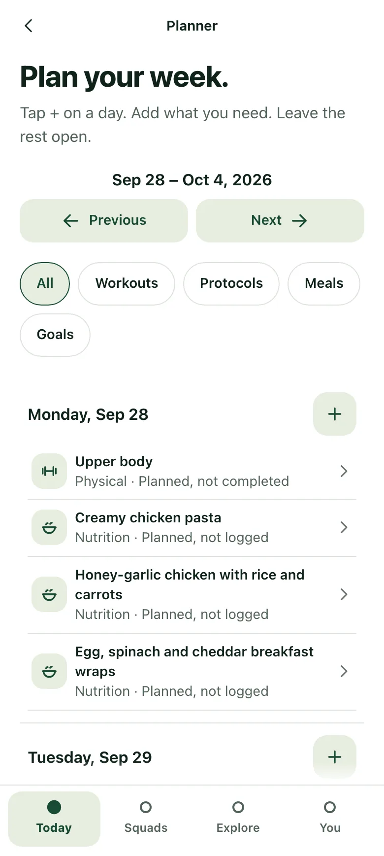 The Squad-ish weekly planner, with workouts and meals planned across each day.