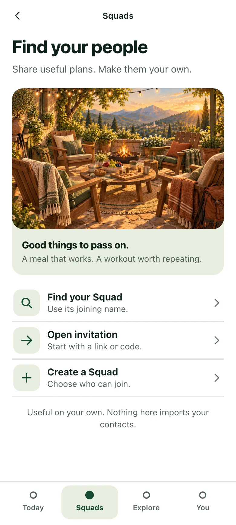 The Squad-ish Squads screen, headed Find your people, with ways to find a Squad, open an invitation or create one.