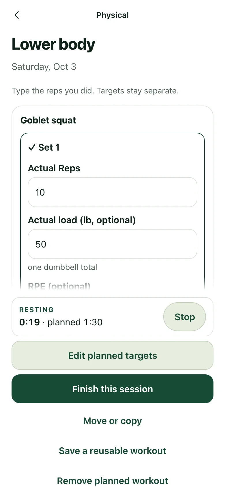 The Squad-ish workout screen, with a set logged and the rest timer running.
